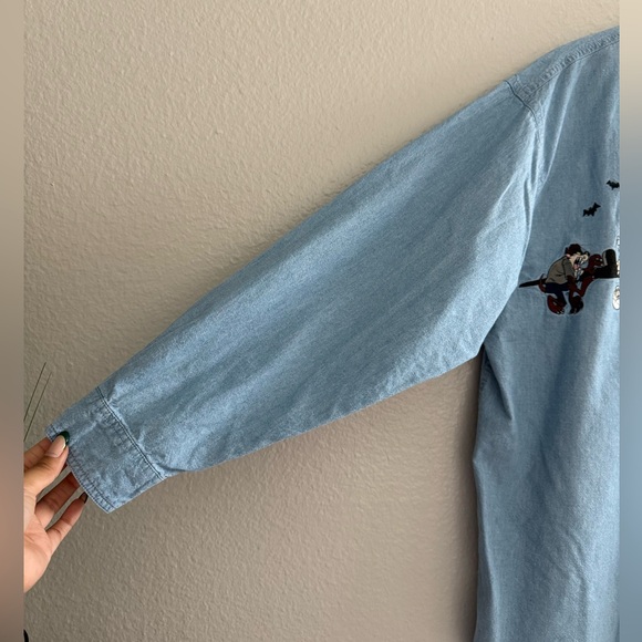 Vintage 90s Denim Embroidered Looney Toons Halloween Button Up - Picture 5 of 7